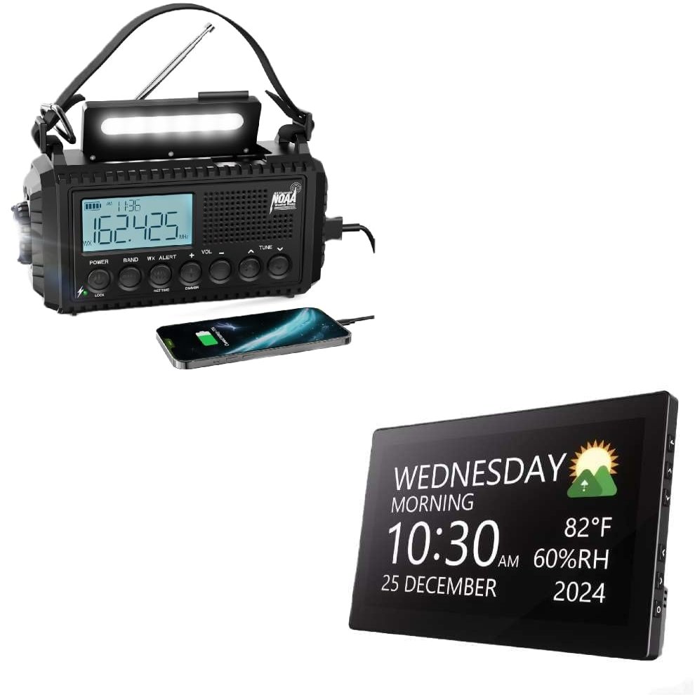Raynic NOAA Weather Radio,5000mAh/18500mWh Solar Hand Crank Emergency Radio and Raynic Digital Clock, Large Display Calendar Clock with 12 Themes, 20 Alarms, 20 Reminders