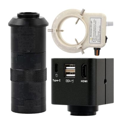 1080P HDMI Type-c PC Industrial Microscope Camera Measurement U Disk Video Recorder & 100X C-Mount Lens with 56-LED Adjustable Ring Light - Black