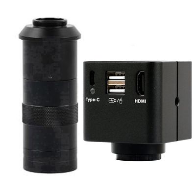 1080P HDMI Type-c PC Industrial Microscope Camera Measurement U Disk Video Recorder & 100X C-Mount Lens for PCB Mobile Repair Soldering - Black