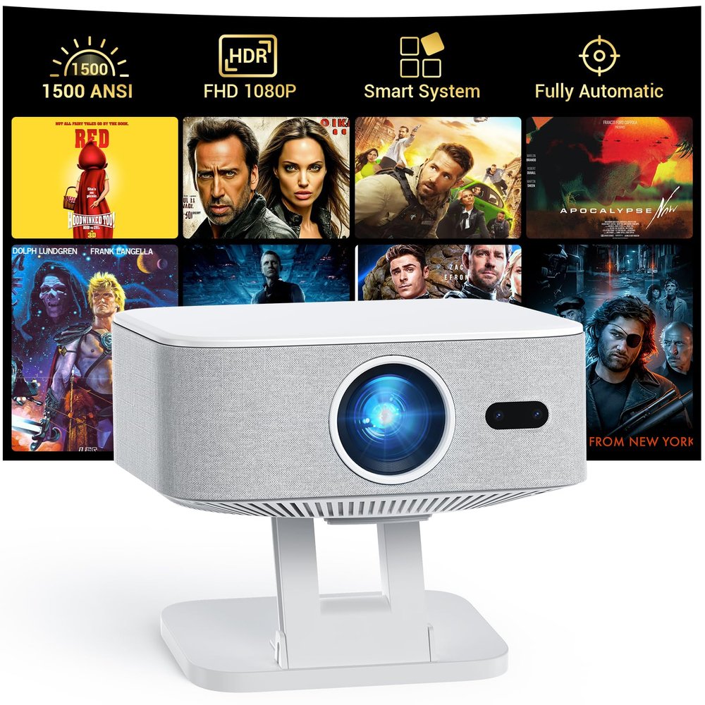 [1500 ANSI/Built-in APPs] Smart Projector with Wifi and Bluetooth: NICPOW 4K Outdoor Projector, Compatible with Netflix, Auto Focus & Keystone, Portable Proyector for Home & Outdoor Use, White