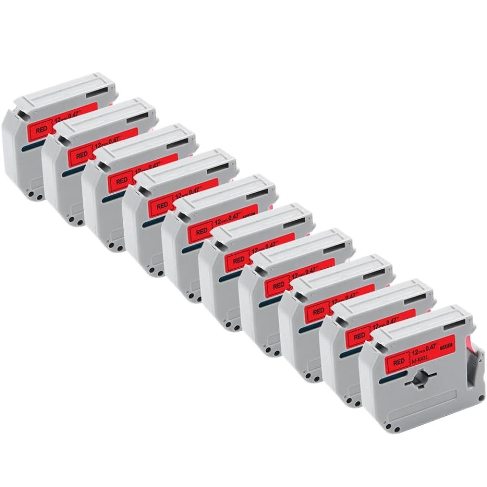 10 Pack 12mm Label Tape Compatible with MK231 MK631 MK131 PT70 PT80 Printer(10PK Black on Red)
