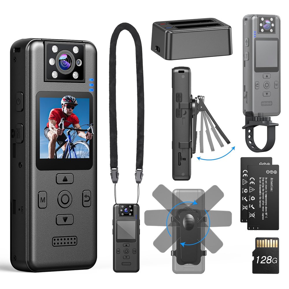 BOBLOV Body Camera with Two Batteries, A30 Min Body Cam Supports 6 Hrs Shooting, 4K Ultra HD Recording with 180 Rotatable Lens, Three Mounting Options for Delivery, Outdoor Adventures (4K 128G)