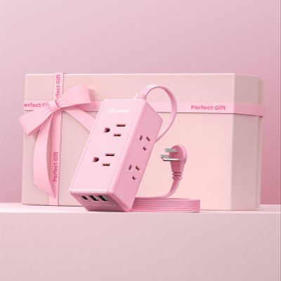 10ft Pink Extension Cord,HONIZER Power Strip Flat Cord, 6 Outlets & 3 USB Ports (1 USB-C), Cute,Wall Mount for Home Office Dorm Desk Accessories, Blush Boost