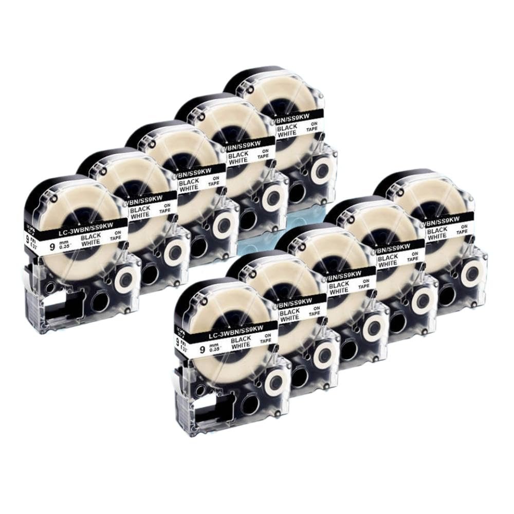 10 Pack Black On White 9mm Labels Compatible with KingJim Label Makers and LW-300 LW-400 LW-K400