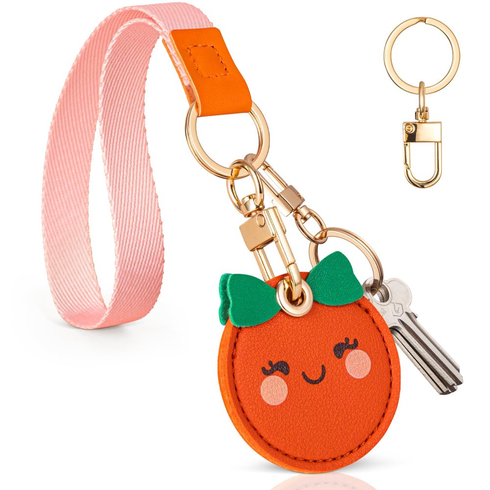 Airtag Keychain Holder - Cute Kawaii Faux Leather Case 3-in-1 with Hidden Keychain Cover, Detachable Wrist Strap & Anti-Loss Hand Band, Anti-Scratch Protective Case for Airtag (Orange)