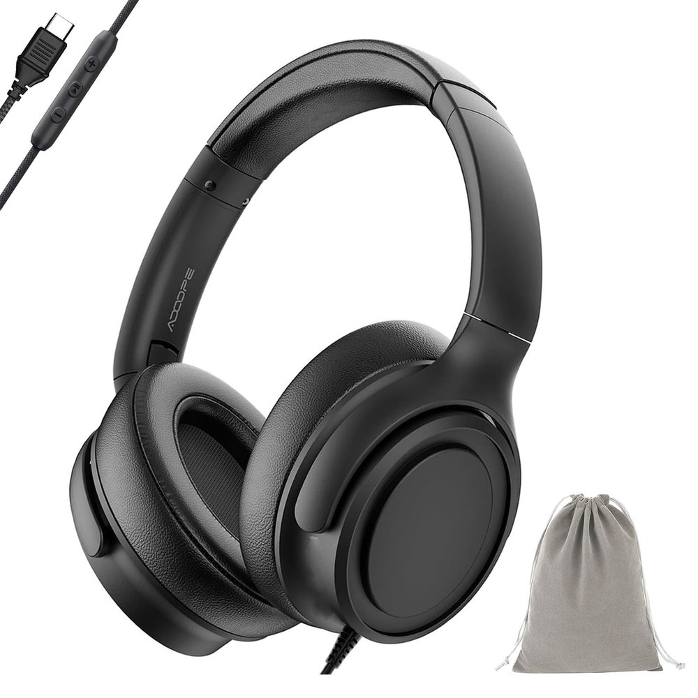 ADOOPE Wired Over-Ear Headphones with USB C Connector, Hi-Fi Stereo Sound, Noise-Isolating Ear Cups, Comfortable Fit for USB C Devices (with Bag, Black)