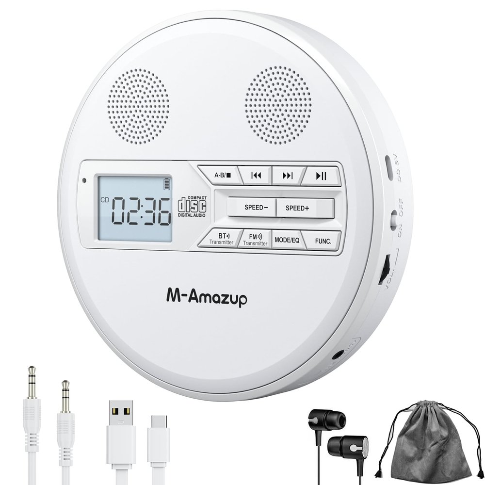 M-Amazup CD Player Portable, Rechargeable Portable CD Player with Dual Speakers and Anti Skip,CD,Dual Bluetooth,FM Transmission,USB,AUX,LCD Display,Sensitive Button,Repeat,10 Speeds for Home Car White