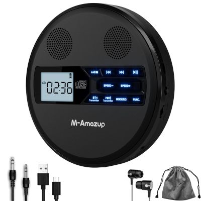 M-Amazup CD Player Portable, Rechargeable Portable CD Player with Dual Speakers and Anti Skip,CD,Dual Bluetooth,FM Transmission,USB,AUX,LCD Display,Backlit Button,Repeat,10 Speeds for Home Car Black
