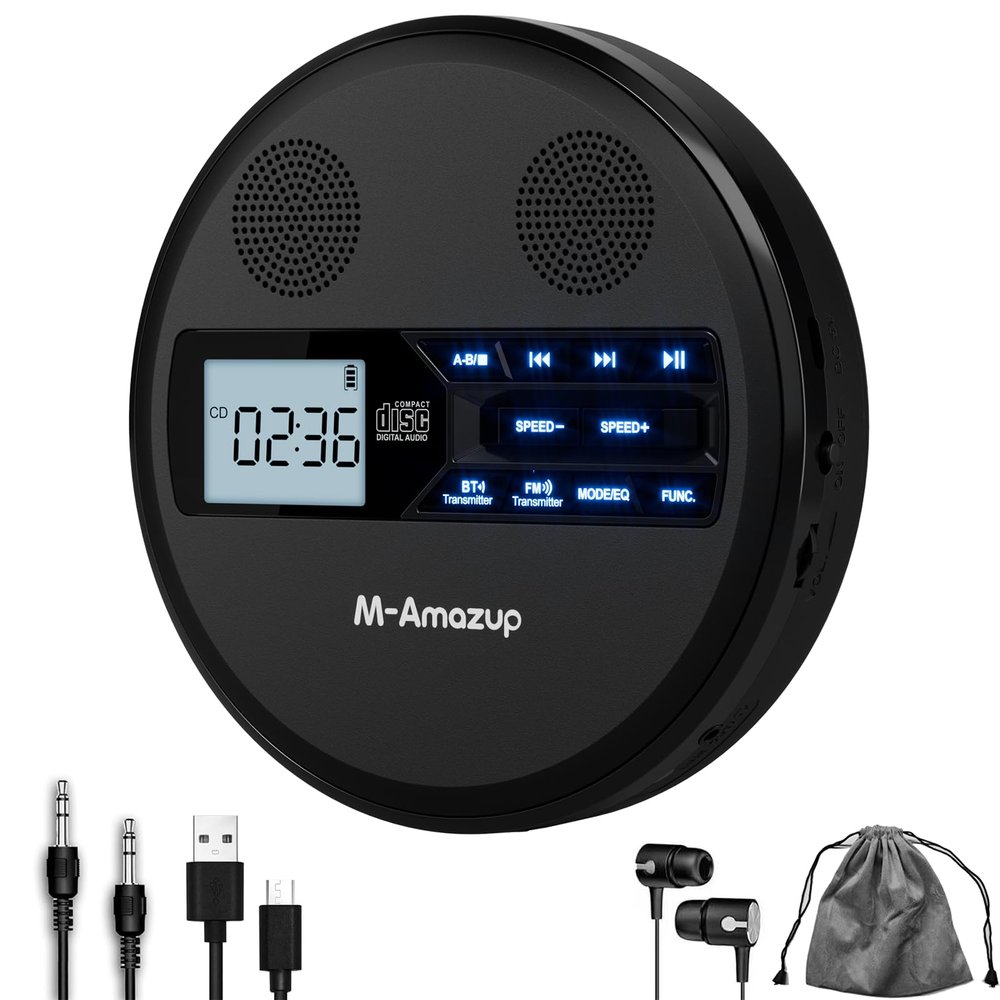 M-Amazup CD Player Portable, Rechargeable Portable CD Player with Dual Speakers and Anti Skip,CD,Dual Bluetooth,FM Transmission,USB,AUX,LCD Display,Backlit Button,Repeat,10 Speeds for Home Car Black