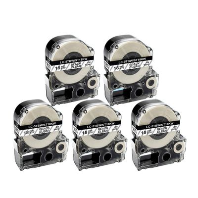 5 Pack 18mm Label Tapes Compatible with KingJim Label Cassette Models SC18RW SC18BW SC18YW SC18GW for LW-400(5PK Black on Clear)