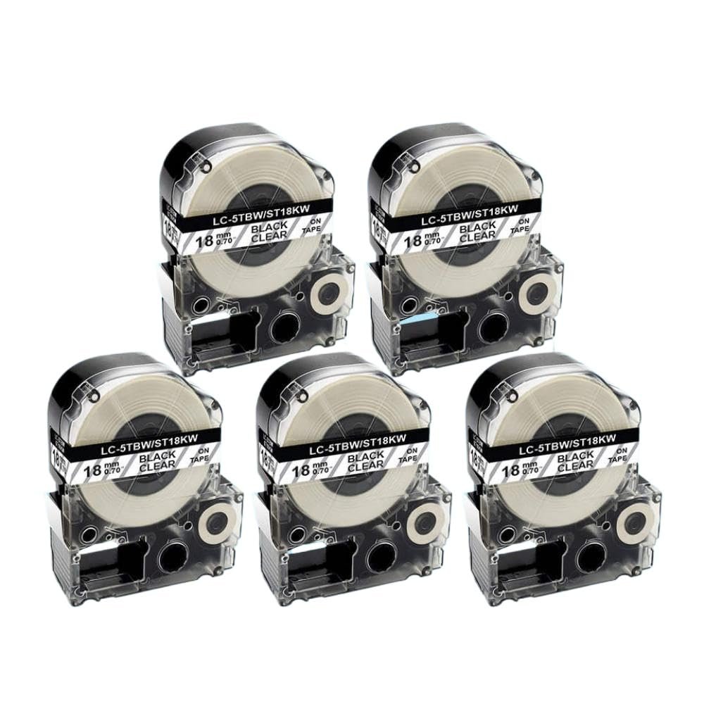 5 Pack 18mm Label Tapes Compatible with KingJim Label Cassette Models SC18RW SC18BW SC18YW SC18GW for LW-400(5PK Black on Clear)