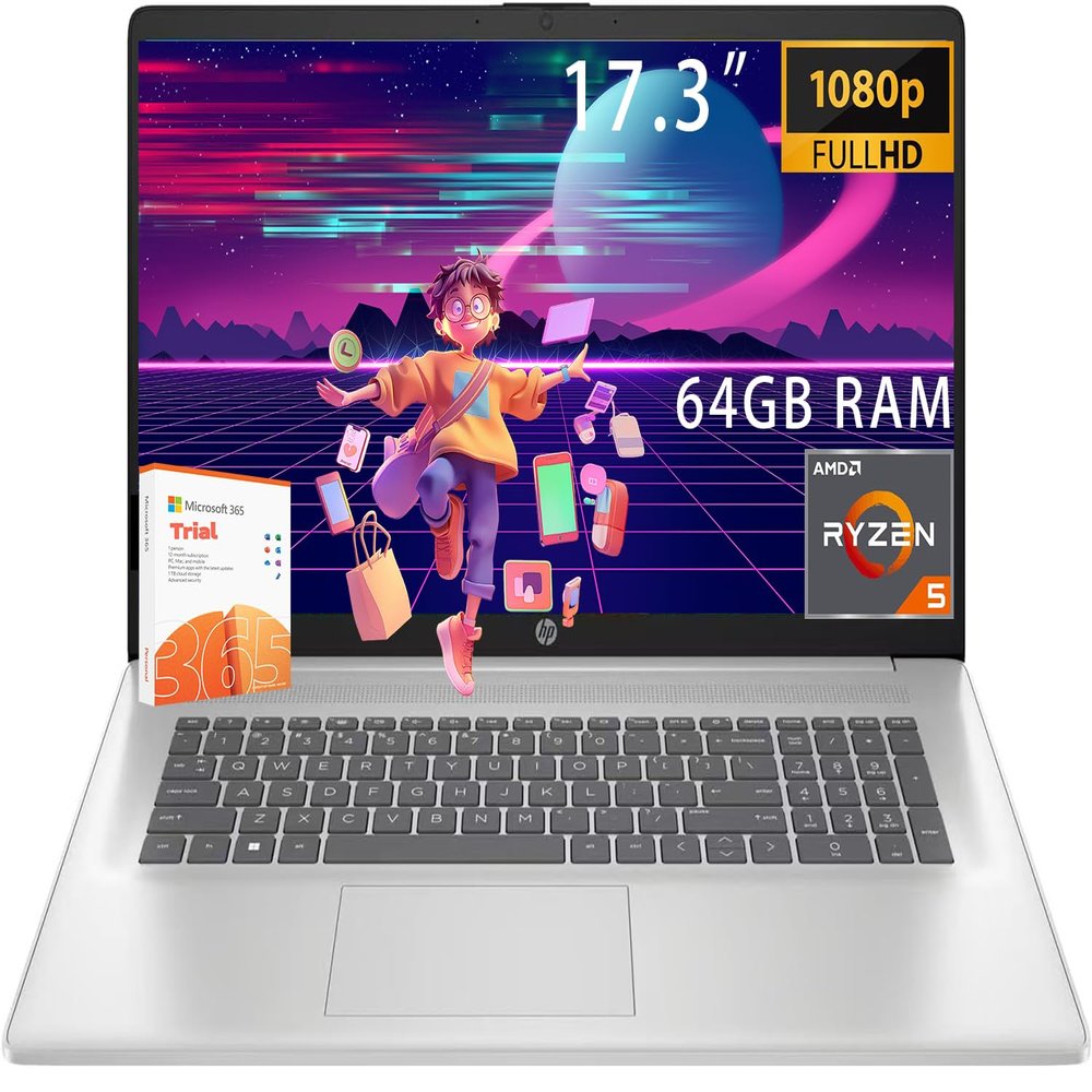 HP 2025 17.3 inch Laptop Computer  64GB RAM  1TB (512GB PCIE SSD & 512G 2.5inch Ex Drive)  AMD Ryzen 5 7430U 6-Cores Processor  Windows 11 Home with Microsoft 365 Trial  W/O Mouse