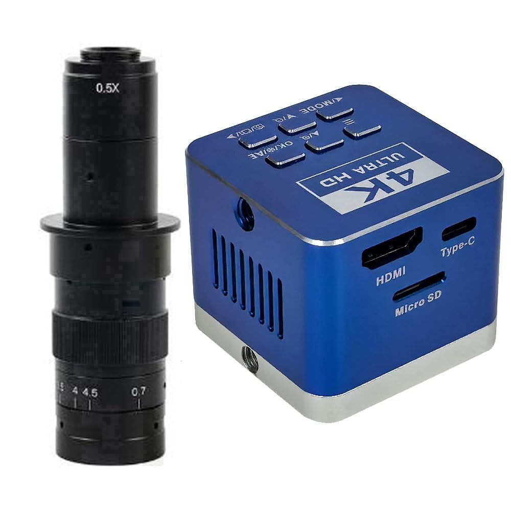 4K UHD Microscope Camera 8.3MP HDMI USB Type-C Industrial Digital Electronic Microscope & 180X C-Mount Lens for Phone Repair Soldering - Blue