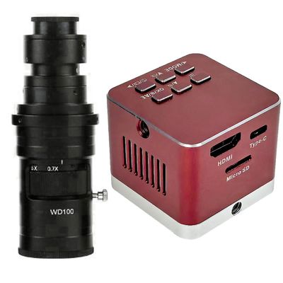 4K UHD Microscope Camera 8.3MP HDMI USB Type-C Industrial Digital Electronic Microscope & 200X C-Mount Lens for Phone Repair Soldering - Red