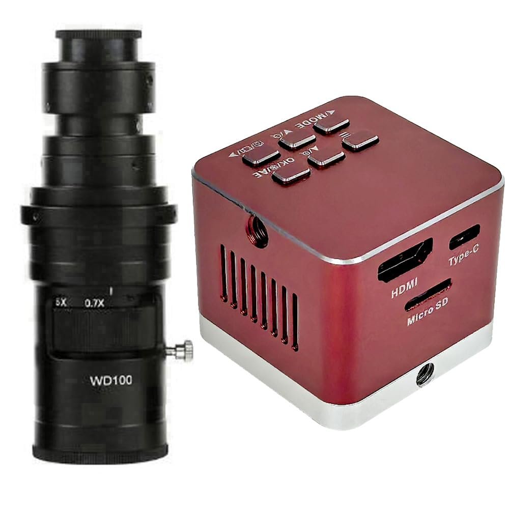 4K UHD Microscope Camera 8.3MP HDMI USB Type-C Industrial Digital Electronic Microscope & 200X C-Mount Lens for Phone Repair Soldering - Red