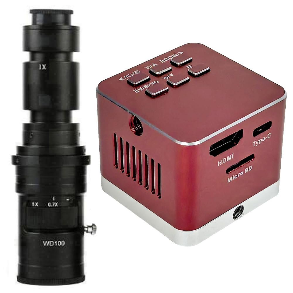 4K UHD Microscope Camera 8.3MP HDMI USB Type-C Industrial Digital Electronic Microscope & 500X C-Mount Lens for Phone Repair Soldering - Red