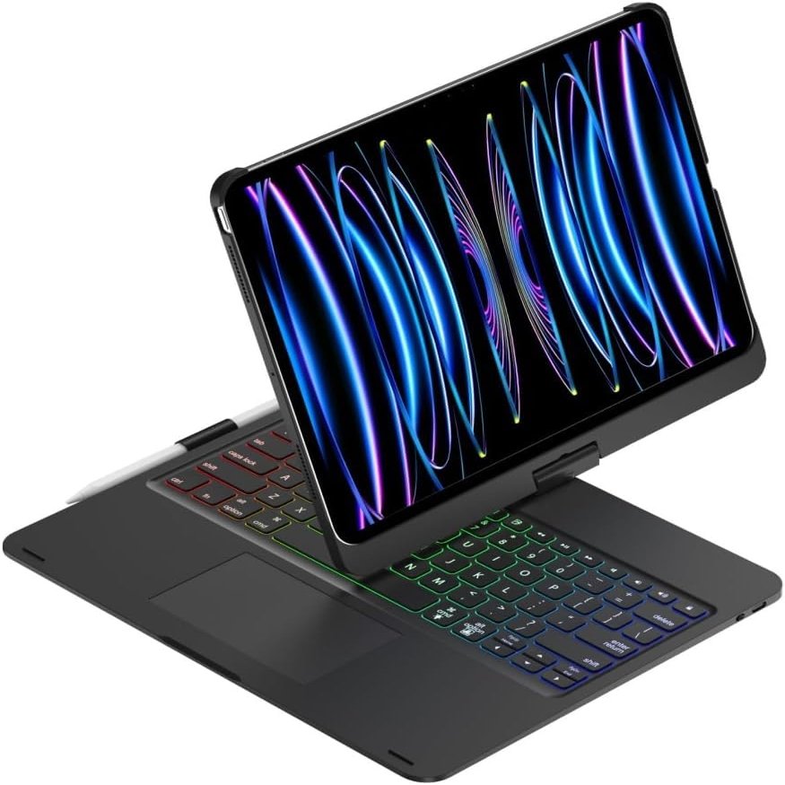 Adwnaeny 360 Rotation Keyboard Case for iPad Pro 11-inch M4 2024(Models: A2836 A2837 A3006),Touchpad Keyboard with 7-Colors Backlit, Black