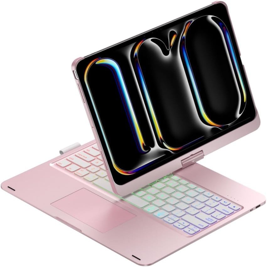 Adwnaeny 360 Rotation Keyboard Case for iPad Pro 11-inch M4 2024(Models: A2836 A2837 A3006),Touchpad Keyboard with 7-Colors Backlit, Rosegold