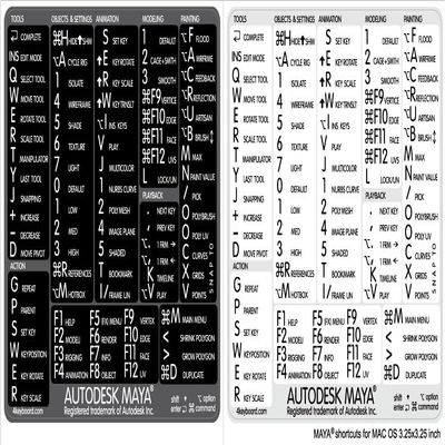 Autodesk Maya Reference Keyboard Hotkeys Sticky Labels for Mac OS Black, White Background