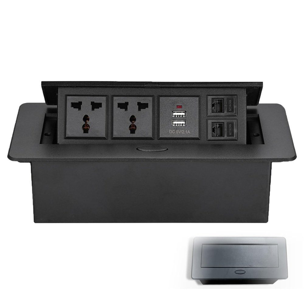 3 Hole Pop-Up Desktop Socket - 2ac+2usb+2 Network, Aluminum Alloy Embedded Desktop Socket - Opening Size: 224 * 110mm, Hidden Junction Box,Black