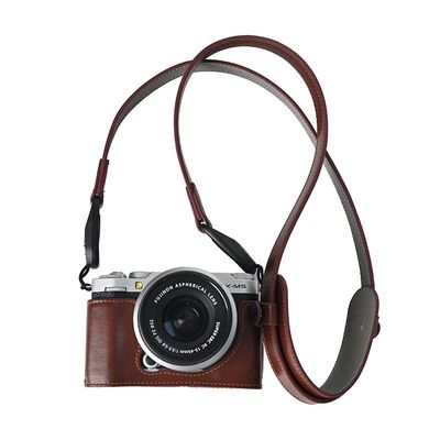 BMAOLLONGB X-M5 Case, Handmade Genuine Real Leather Half Camera Case Bag Cover for Fujifilm X-M5 XM5 Bottom Opening Version + Neck Strap (Coffee)