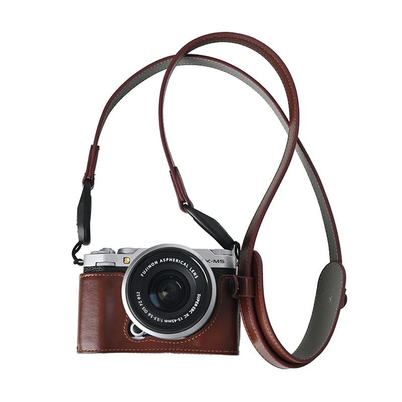 BMAOLLONGB X-M5 Case, Handmade Genuine Real Leather Half Camera Case Bag Cover for Fujifilm X-M5 XM5 Bottom Opening Version + Neck Strap (Coffee)