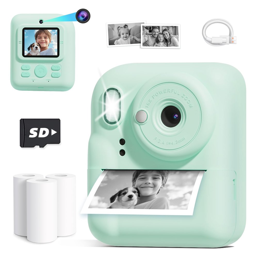 Seckton Kids Camera Instant Print, Upgrade Selfie Digital Camera for Kids, Christmas Birthday Gifts for Boys Girls Age 3-12, Toddler Portable Travel Toy with HD 1080P Video-Green