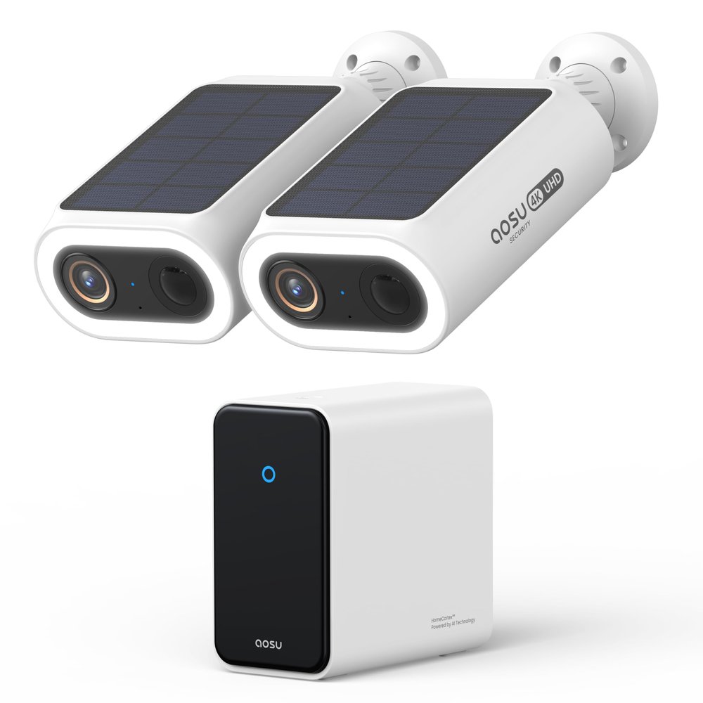AOSU 4K Solar Security Cameras Wireless Outdoor, Expandable to 16TB (32GB Built-in) HomeCortex Home Security System, AI Face Recognition & Behavior Detection, 2-Cam Kit