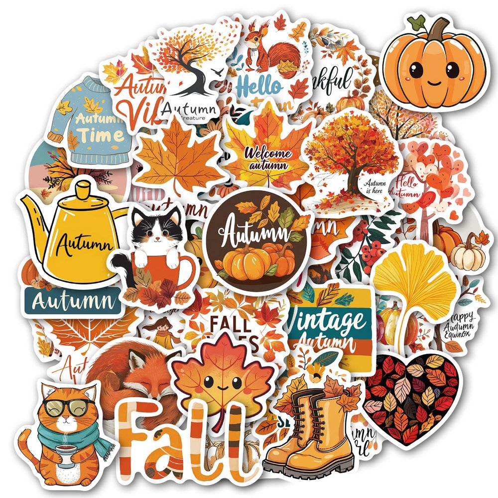 100 Pcs Fall Stickers Maple Leaf, Pumpkin, and Thanksgiving Autumn Designs for Water Bottle, Laptop, Scrapbook, Cute Fall Party Favors & Decorations for Kids Teens Adults