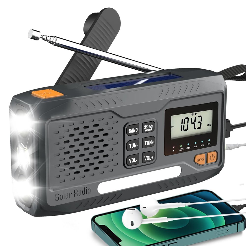 7400mWh Solar Hand Crank Emergency Weather Radio, NOAA AM FM Portable Radio with Flashlight, SOS Alarm, Digital Display & Phone Charger for Hurricane, Survival, Camping & Outdoor Emergencies