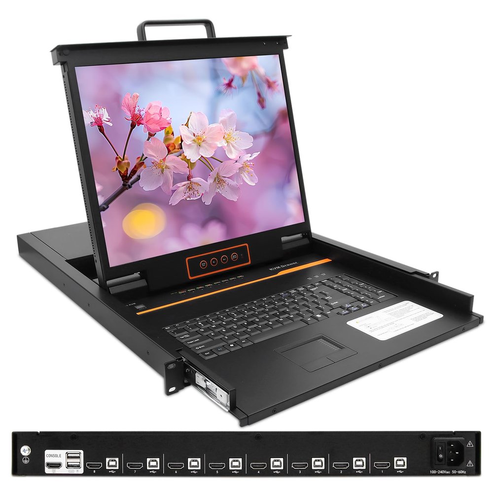 1U Rack Mount KVM Console Built-in 8 Port HDMI KVM Switch, 19" Rackmount Monitor, Keyboard and Touchpad, OSD/Hotkey/Button Switching,1280X1024@60Hz, 5:4 Aspect Ratio, Incl. KVM Cable and Ground Wire