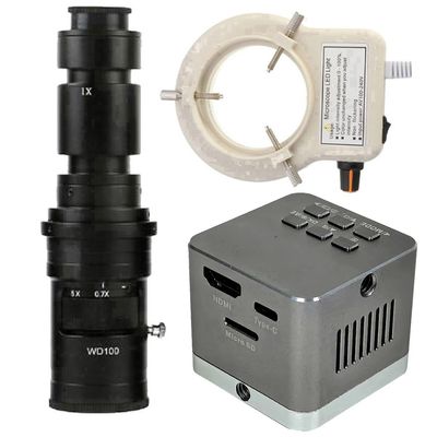 4K UHD 60FPS Industrial Microscope Camera HDMI Type-C & 500X C-Mount Lens with 56-LED Adjustable Ring Light for Phone Repair PCB Soldering - Grey