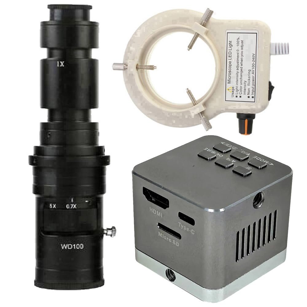4K UHD 60FPS Industrial Microscope Camera HDMI Type-C & 500X C-Mount Lens with 56-LED Adjustable Ring Light for Phone Repair PCB Soldering - Grey