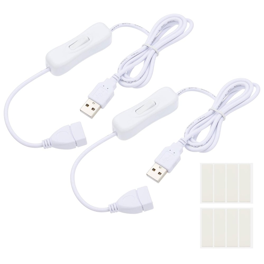 PATIKIL 1M USB Cable with ON/Off Switch, 2 Pcs USB Male to Female Extension Cord with Foam Double-Sided Tape for LED Desk Lamp LED Strip, White