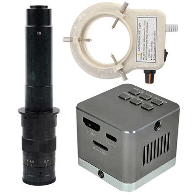 4K UHD 60FPS Industrial Microscope Camera HDMI Type-C & 300X C-Mount Lens with 56-LED Adjustable Ring Light for Phone Repair PCB Soldering - Grey