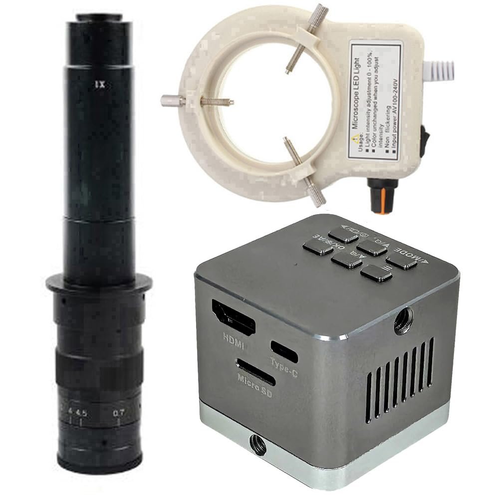 4K UHD 60FPS Industrial Microscope Camera HDMI Type-C & 300X C-Mount Lens with 56-LED Adjustable Ring Light for Phone Repair PCB Soldering - Grey
