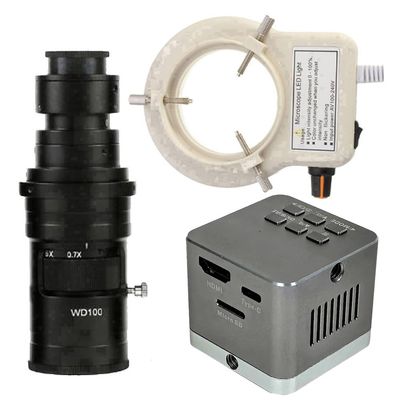 4K UHD 60FPS Industrial Microscope Camera HDMI Type-C & 200X C-Mount Lens with 56-LED Adjustable Ring Light for Phone Repair PCB Soldering - Grey
