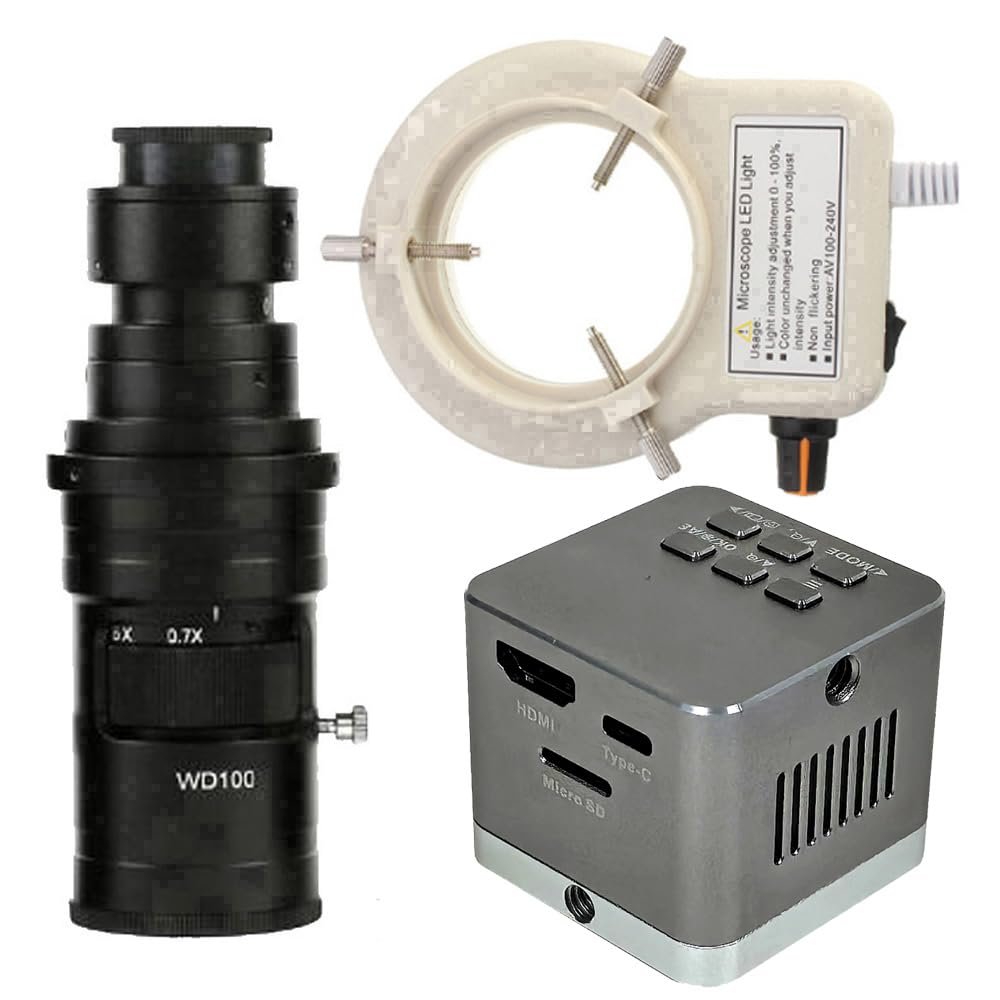 4K UHD 60FPS Industrial Microscope Camera HDMI Type-C & 200X C-Mount Lens with 56-LED Adjustable Ring Light for Phone Repair PCB Soldering - Grey