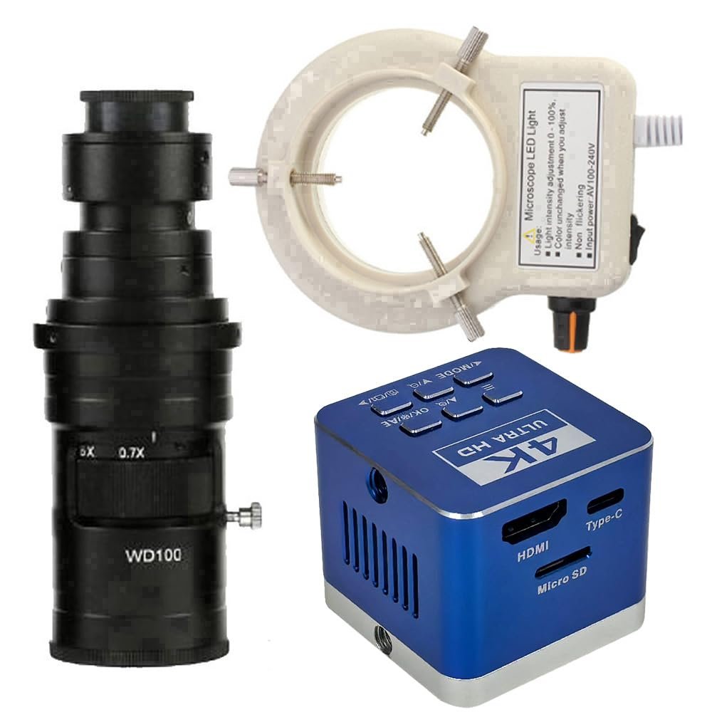 4K UHD 60FPS Industrial Microscope Camera HDMI Type-C & 200X C-Mount Lens with 56-LED Adjustable Ring Light for Phone Repair PCB Soldering - Blue