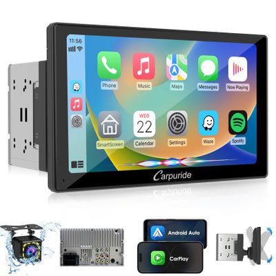 Carpuride Double Din Car Stereo with CarPlay and Android Auto Car Radio 9" HD Floating Touchscreen Car Audio Receivers with Bluetooth, EQ Subwoofer, Mirror Link, SWC, Backup Camera, AUX, AM/FM Radio