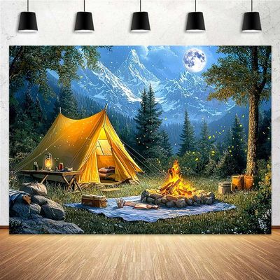 20 x 10 ft Camping Backdrop Forest Night Scene Campfire Tent Photography Background Party Decoration for Camping Theme Party Birthday Party Baby Shower Background Banner
