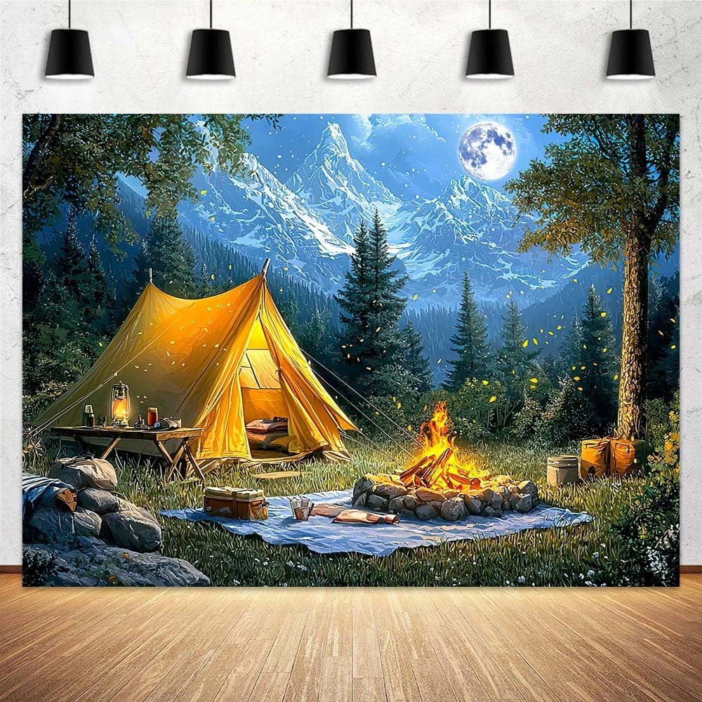 20 x 10 ft Camping Backdrop Forest Night Scene Campfire Tent Photography Background Party Decoration for Camping Theme Party Birthday Party Baby Shower Background Banner