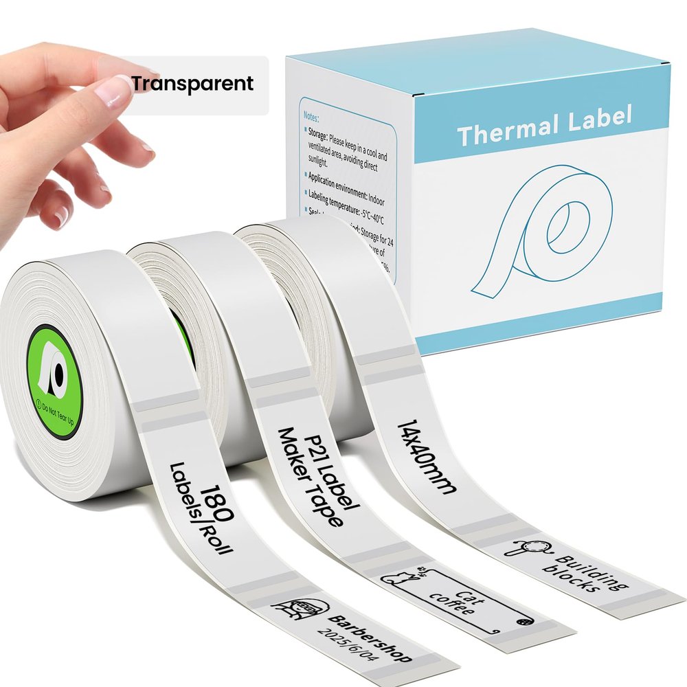 3-Roll P21 Label Maker Tape, compatible with Nelko P21, ORGBRO X1,ORGSTA S001,NADAIIN N12 prints,14x40mm (0.55"x1.57"), Standard Laminated Office Labeling Tape Replacement, 180 Tapes/Roll, Transparent