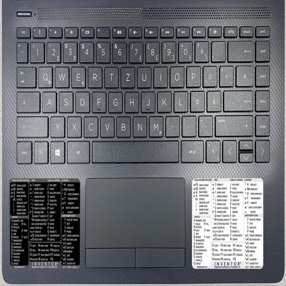 Autodesk Inventor Reference Keyboard Hotkeys Sticky Labels for Windows Black, White Background