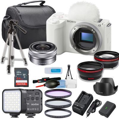 Sony ZV-E10 II (White) Mirrorless Camera with 16-50mm Lens (Black) Vlogging/Video Creator Bundle with Portable LED Light, 64Gb Memory Card, Tripod, Filter Kit, Cleaning Kit + Accessories (Renewed)