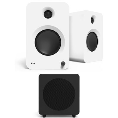 Kanto REN MW Bluetooth Powered Bookshelf Speakers - Matte White Pair with a SUB8VMB Sealed Powered 8" Subwoofer - Vinyl Black (2024)