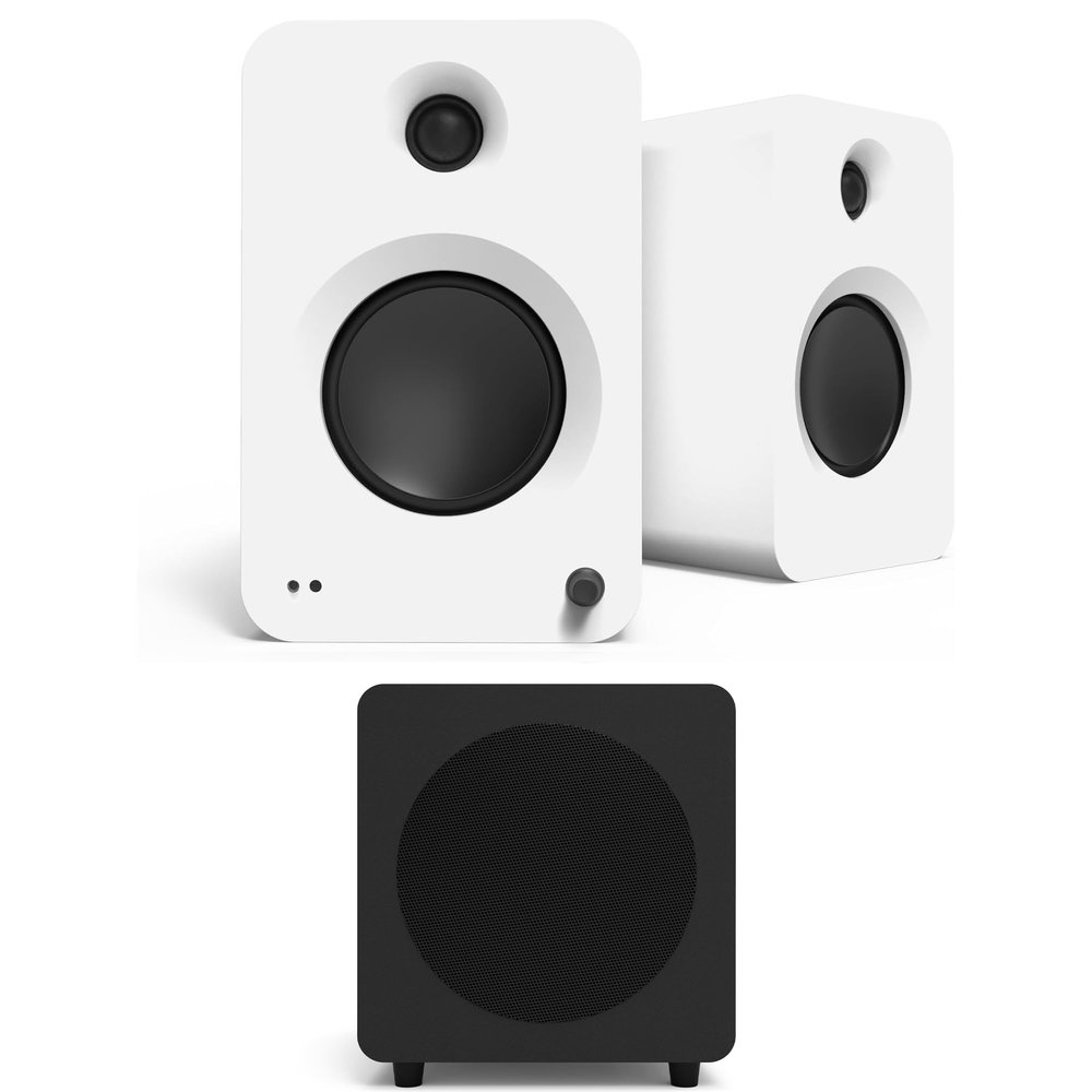 Kanto REN MW Bluetooth Powered Bookshelf Speakers - Matte White Pair with a SUB8VMB Sealed Powered 8" Subwoofer - Vinyl Black (2024)
