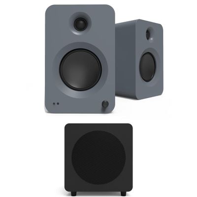 Kanto REN Grey Bluetooth Powered Bookshelf Speakers - Matte Grey Pair with a SUB8VMB Sealed Powered 8" Subwoofer - Vinyl Black (2024)