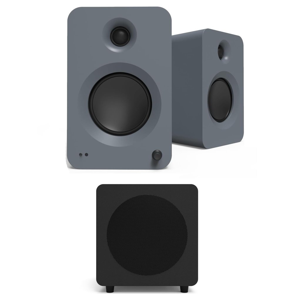 Kanto REN Grey Bluetooth Powered Bookshelf Speakers - Matte Grey Pair with a SUB8VMB Sealed Powered 8" Subwoofer - Vinyl Black (2024)