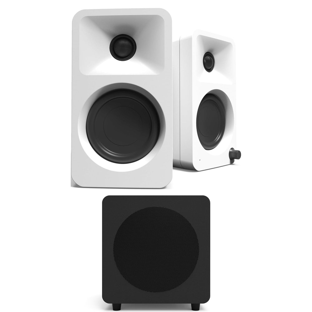 Kanto ORAMW Powered Reference Bluetooth Desktop Speakers - White Pair with a SUB8VMB Sealed Powered 8" Subwoofer - Vinyl Black (2024)
